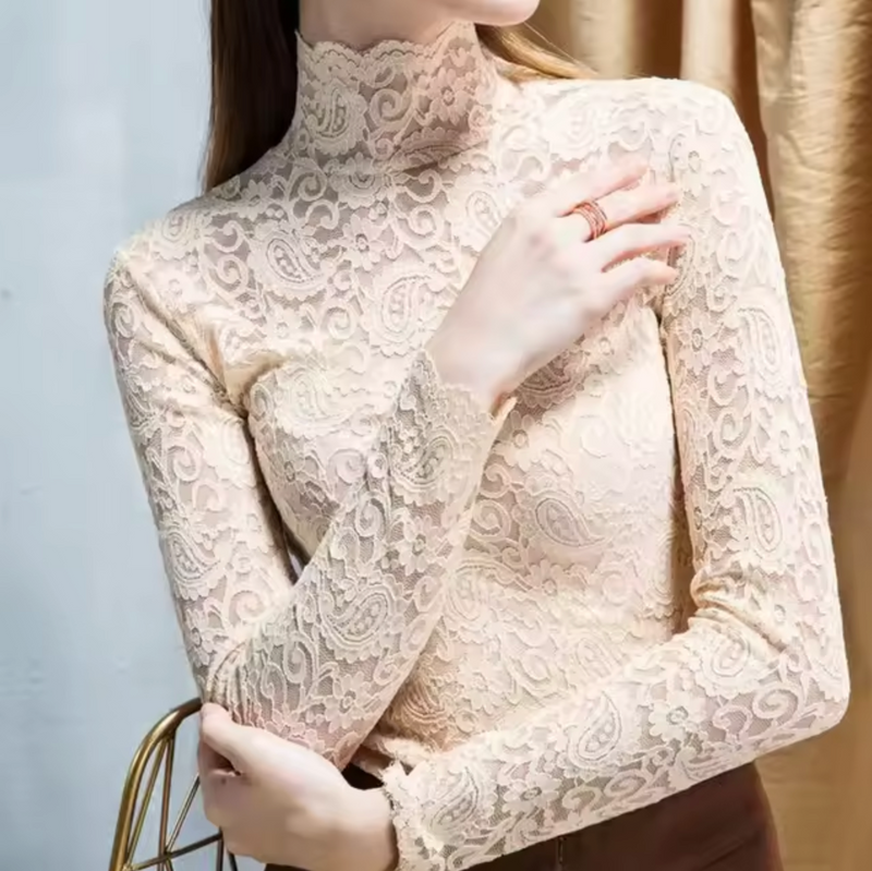Fergie - Top de encaje con cuello alto y manga larga