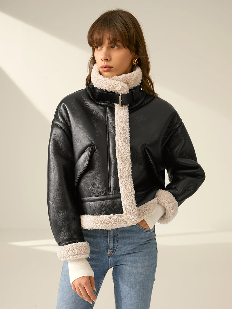 Chaqueta de cuero con pelo para mujer