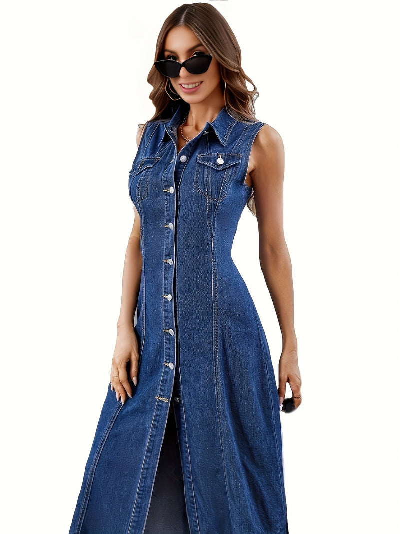 Vestido vaquero sin mangas con solapas